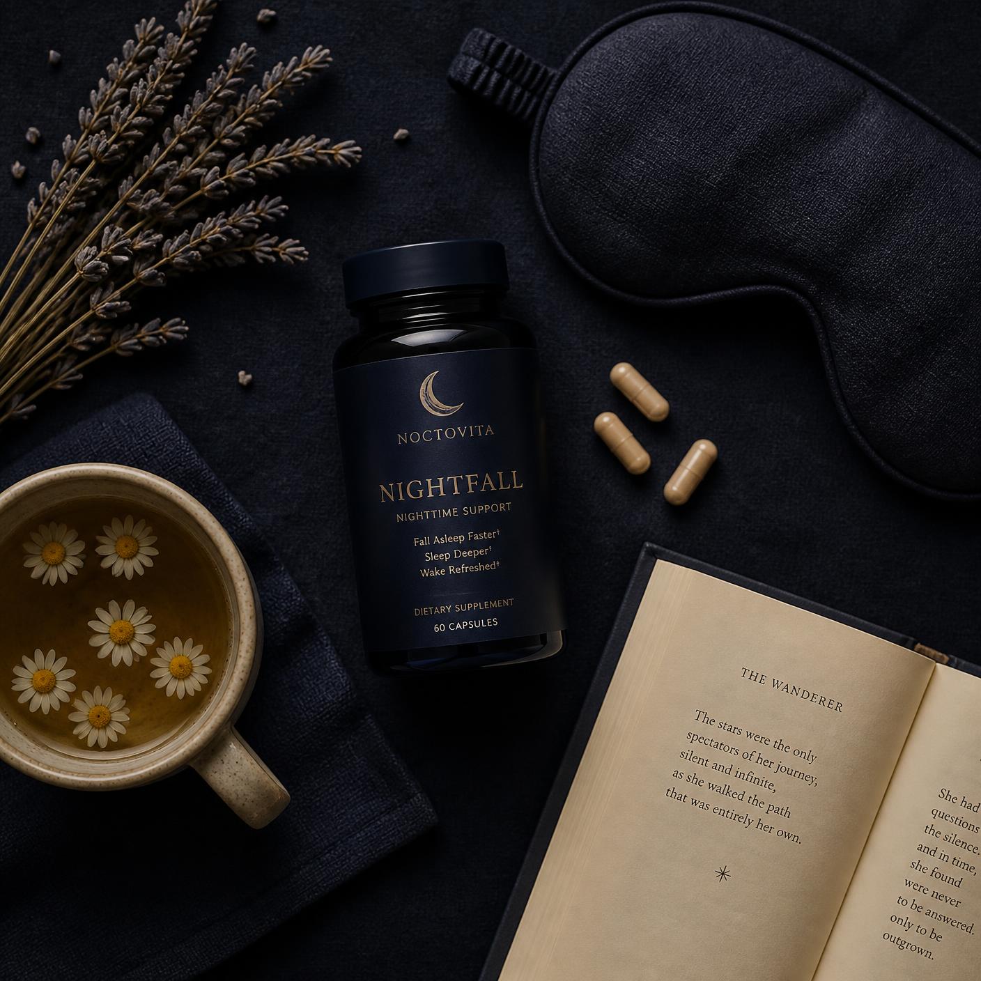 Overhead flatlay of Nightfall capsule bottle with chamomile tea, journal and dried lavender